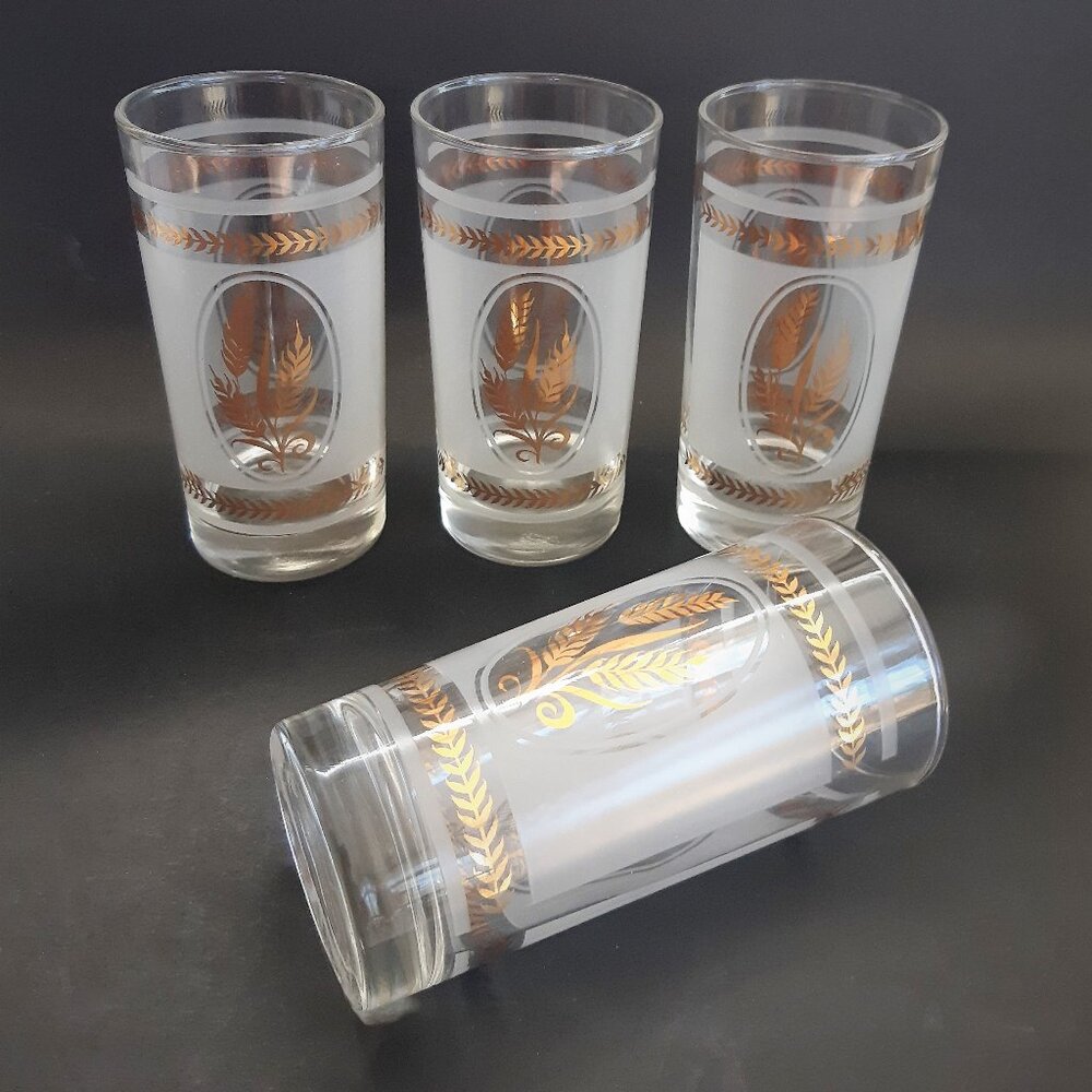 VTG Frosted & 22k Gold Wheat Pattern 12oz Highball Cocktail 4 Glasses Dominion